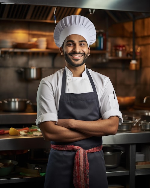 Chef indien heureux avec les bras croisés portant une robe blanche et un tablier gris sur le fond de la cuisine