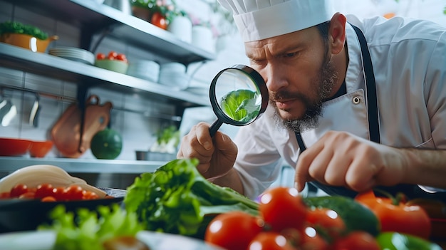 Photo un chef inspecte soigneusement les produits frais à l'aide d'une loupe dans une cuisine propre et professionnelle, symbolisant un engagement en faveur d'une sécurité alimentaire élevée.