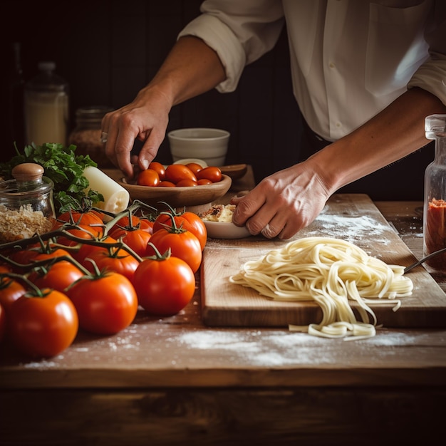 Chef italien cuisinant de délicieuses pâtes avec des tomates fraîches et de l'ail sur fond de bois