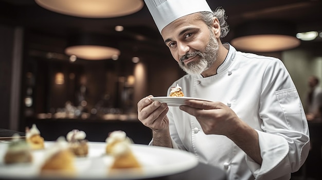 Un chef italien dégustant la nourriture qu'il a préparée avec une expression satisfaite dans un restaurant de luxe avec Generative AI