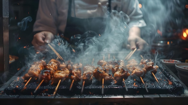 Le chef japonais grille du poulet avec de la fumée.