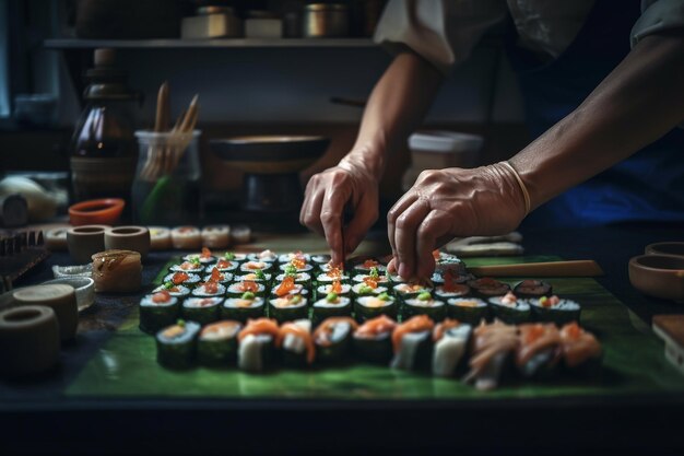 Chef japonais professionnel génératif ai préparant des sushis