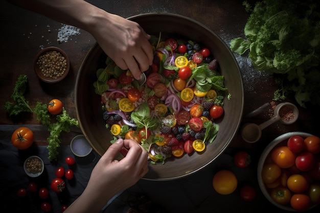 Chef jetant une salade colorée avec des légumes frais ai générative