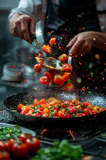 Le chef jette des légumes dans une casserole.