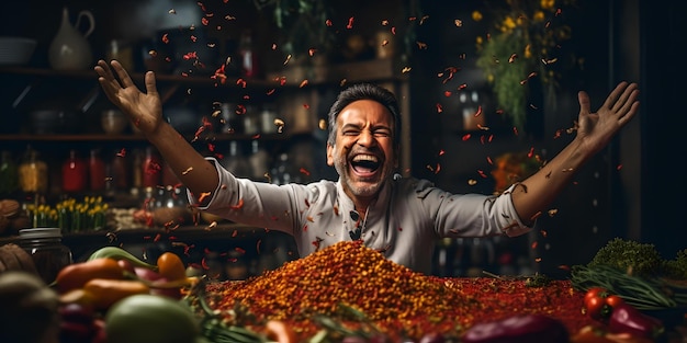 Un chef joyeux célèbre une récolte abondante dans une cuisine rustique, des produits frais, des arts culinaires, une atmosphère vibrante, parfaite pour le contenu lié à l'alimentation. AI