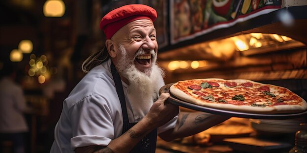 Photo un chef joyeux présentant une pizza fraîche dans un restaurant rustique capturant une authentique cuisine italienne.