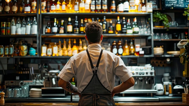 Un chef maître posant près du bar dans un restaurant