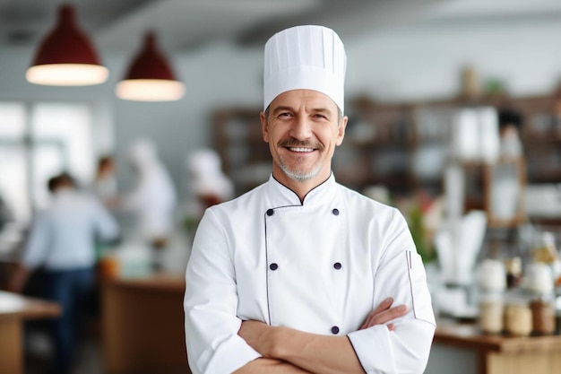 Chef mâle caucasien d'âge moyen sourire amical pose