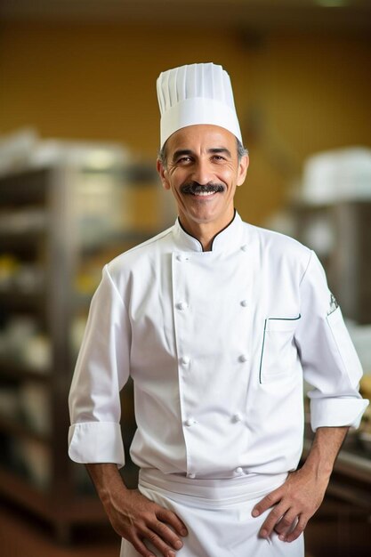 Chef mâle HispanicLatino Senior Friendly sourire pose