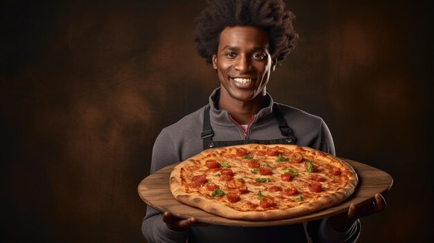 Un chef masculin afro-américain tient une pizza finie du four