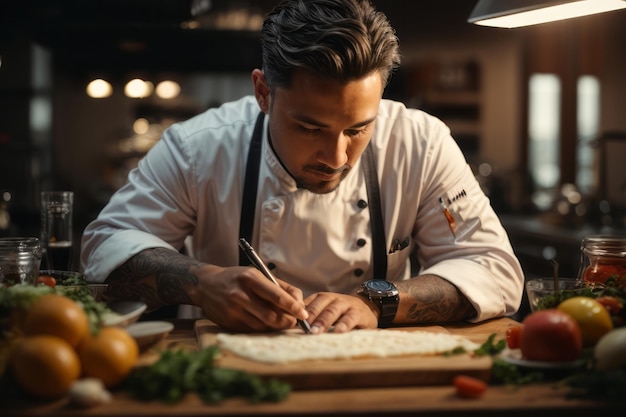 Photo chef masculin écrivant des recettes de nourriture avec un stylo et du papier dans la cuisine d'un restaurant