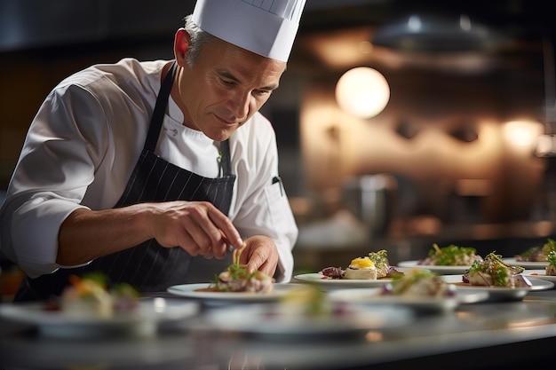 Chef masculin plaquant de la nourriture dans une assiette tout en travaillant dans une cuisine commerciale