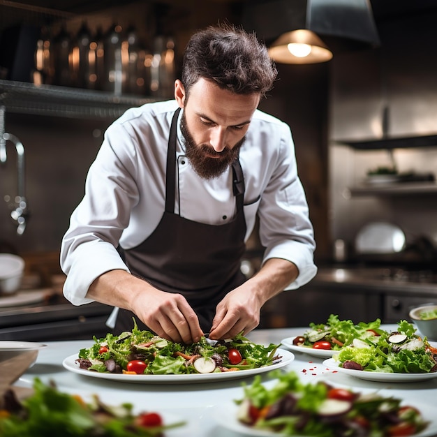 Chef masculin plaquant de la nourriture dans une assiette tout en travaillant dans une cuisine commerciale