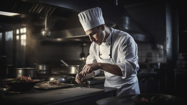 Chef masculin préparant la nourriture dans la cuisine Generative AI