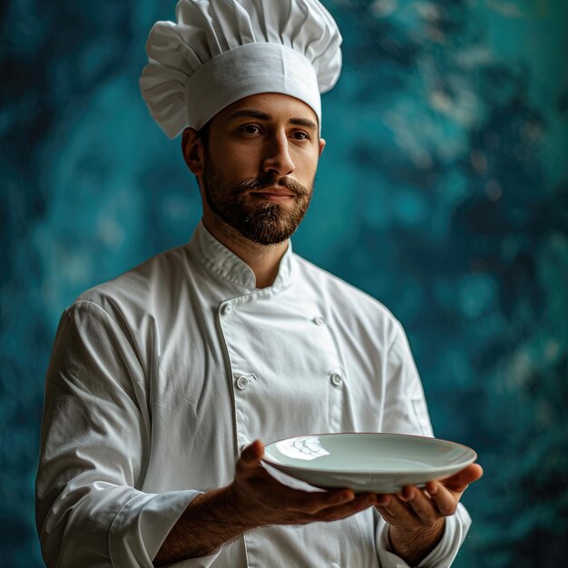 un chef masculin tenant une assiette vide