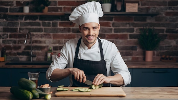 Chef masculin en uniforme et chapeau assis et coupant du concombre dans la cuisine