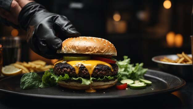 Un chef met la dernière touche à deux hamburgers.