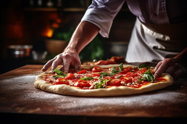 Photo le chef met du salami sur la pâte de pizza recouverte de sauce tomate.