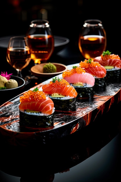 Un chef-d'œuvre culinaire se déroule alors qu'un éventail de créations de sushi ornent un plateau laqué
