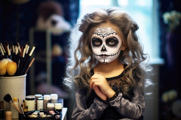 Un chef-d'œuvre effrayant de maquillage d'Halloween par un petit artiste