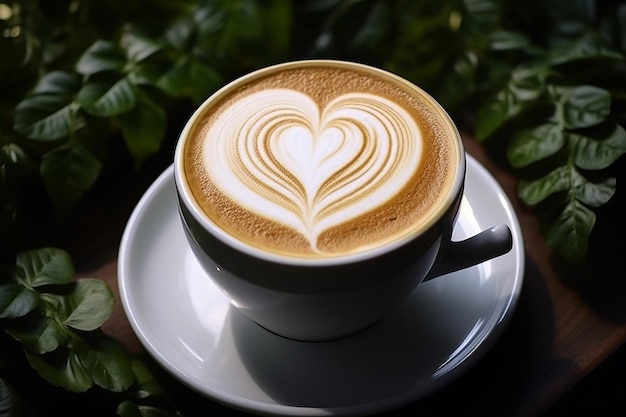 Un chef-d'œuvre esthétique Art délicat du latte avec un arbre à feuilles en forme de cœur sur un latte chaud velouté