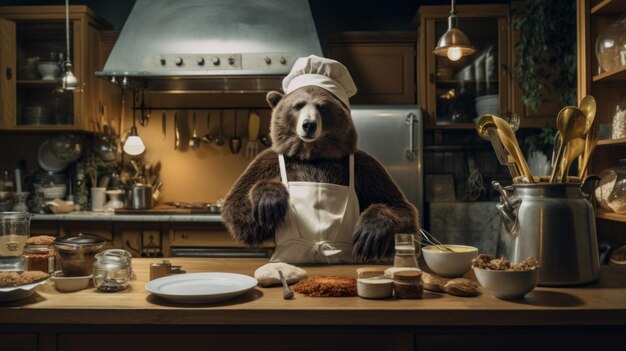 Chef d'ours préparant la nourriture dans la cuisine du restaurant