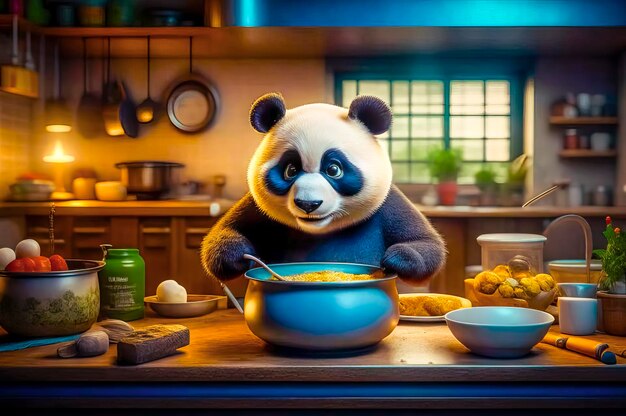 Le chef panda sérieux et beau prépare la nourriture dans la cuisine.