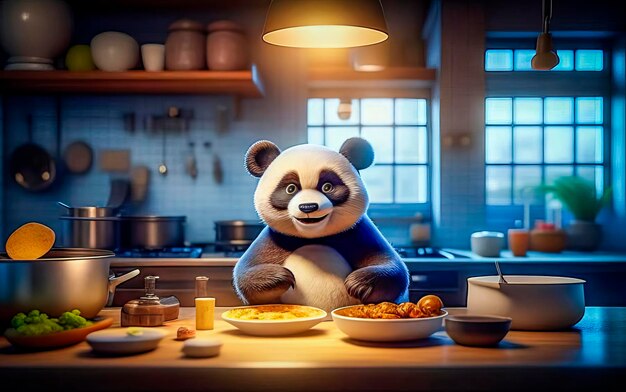 Le chef panda sérieux et beau prépare la nourriture dans la cuisine.