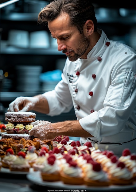 Chef pâtissier décorant un gâteau dans la cuisine du restaurant