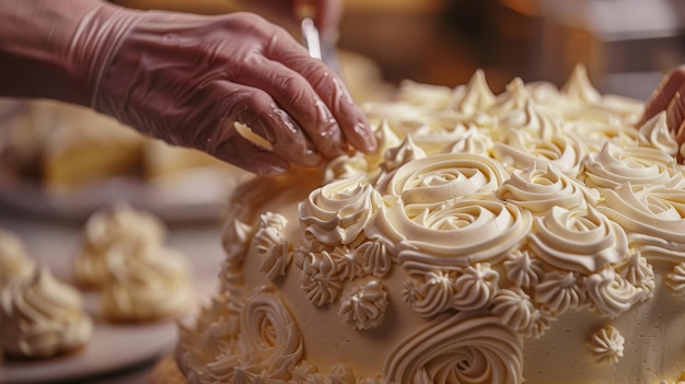 Chef pâtissier décorant des gâteaux luxueux Artistique dans la pâtisserie