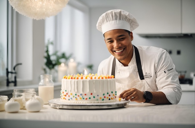 Chef pâtissier souriant décorant un gâteau blanc dans une cuisine moderne