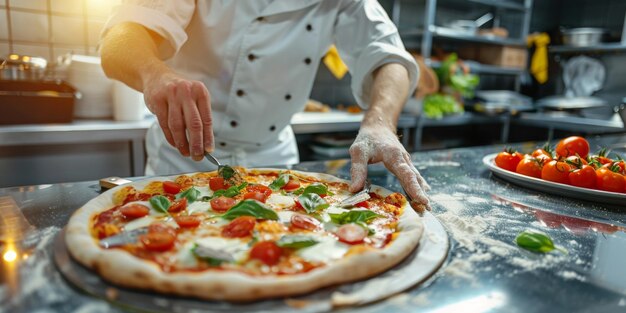 Chef de pizza préparant une pizza en gros plan AI générative