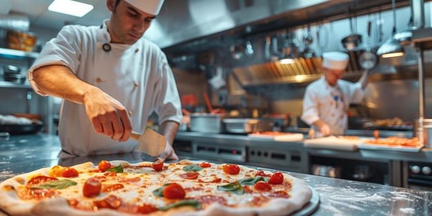 Chef de pizza préparant une pizza en gros plan AI générative