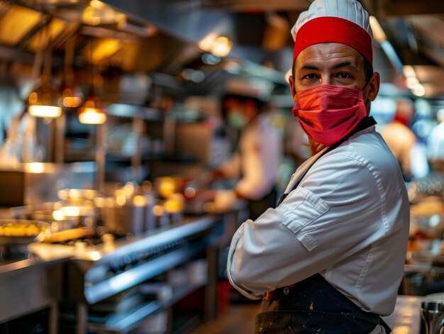 Photo chef portant un masque dans une cuisine commerciale