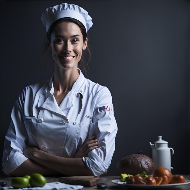 Chef posant dans sa cuisine à côté de la nourriture et des ustensiles de cuisine