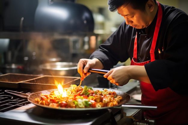 Un chef préparant une assiette grésillante de poulet ung Pao