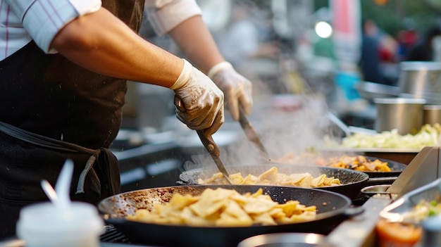 Chef préparant des chilaquiles mexicains dans un marché de nourriture de rue