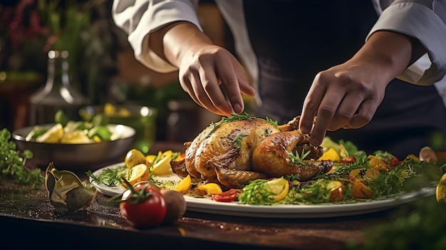 Un chef préparant un délicieux plat avec du poulet biologique et des herbes