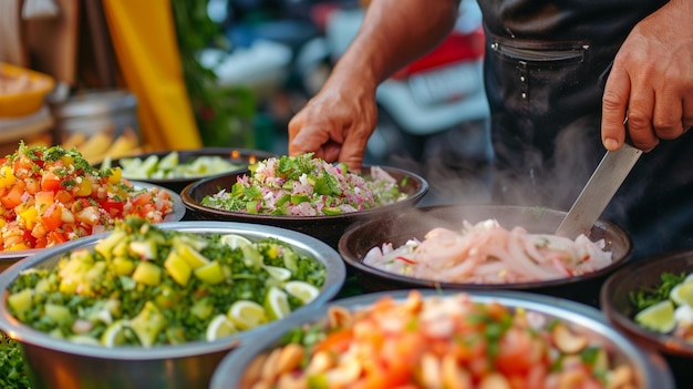 Un chef préparant du ceviche mexicain dans un marché de rue.