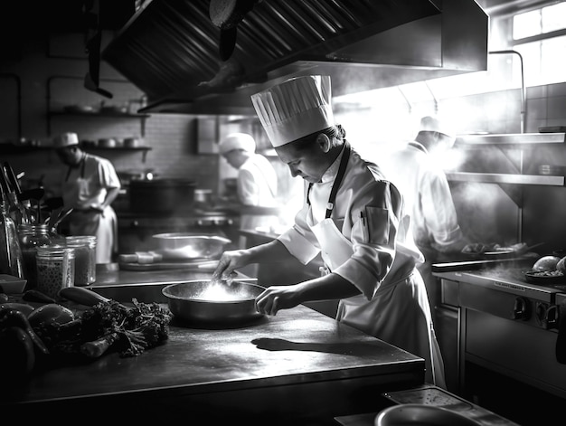 Chef préparant de la nourriture chef cuisinant dans une cuisine chef au travail Noir et Blanc