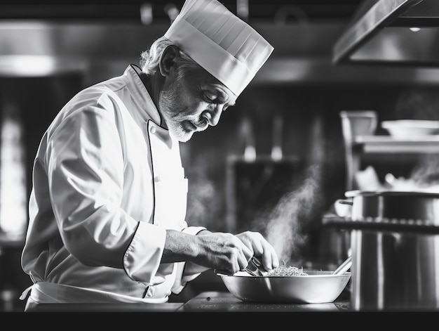 Chef préparant de la nourriture chef cuisinant dans une cuisine chef au travail Noir et Blanc