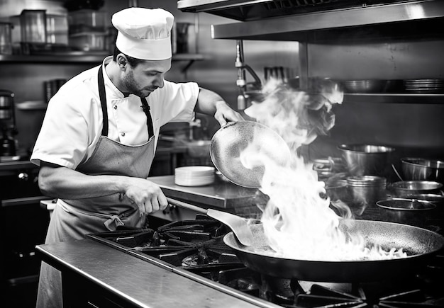 Chef préparant de la nourriture chef cuisinant dans une cuisine chef au travail Noir et Blanc