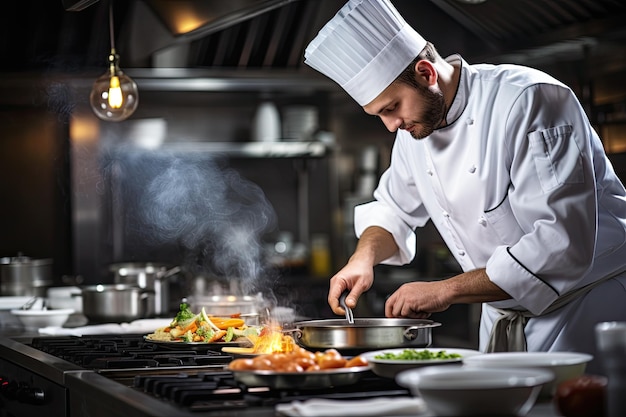 Chef préparant la nourriture dans la cuisine du restaurant Concept culinaire de cuisine Chef gastronomique cuisinant dans une cuisine commerciale AI générée