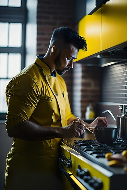 Photo le chef préparant de la nourriture dans une cuisine moderne ia générative