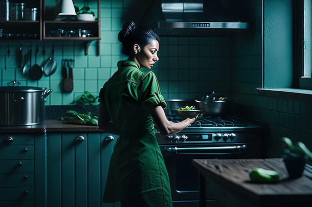 Photo le chef préparant de la nourriture dans une cuisine moderne ia générative