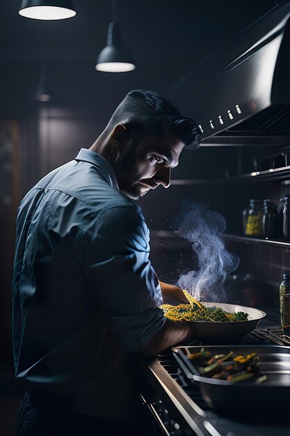 Photo le chef préparant de la nourriture dans une cuisine moderne ia générative