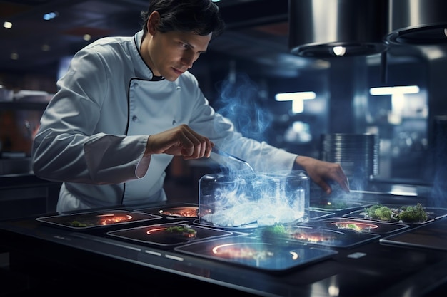 Un chef préparant un plat gastronomique dans une cuisine hightech 00023 03