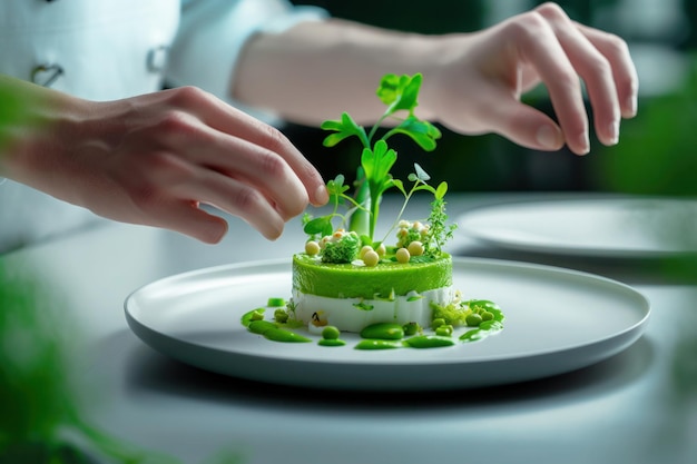 Un chef préparant un plat de haute cuisine végétalienne avec des ingrédients frais