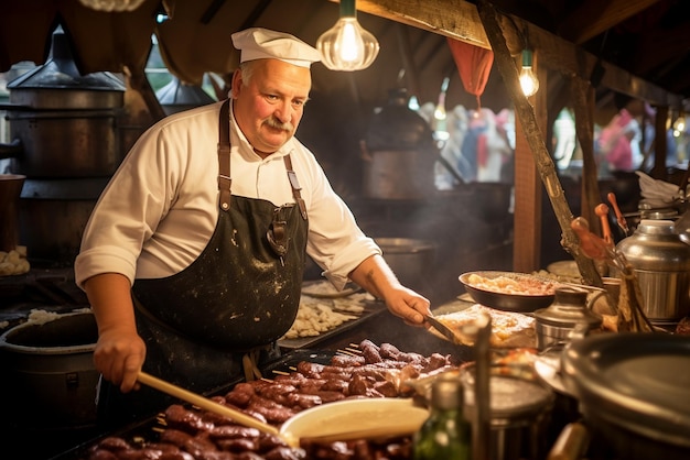 Chef préparant des plats bavarois traditionnels tels que des saucisses et de la choucroute dans un stand de restauration