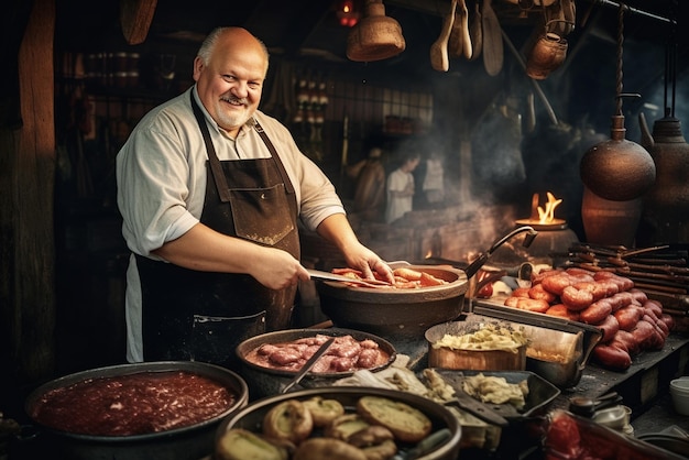 Chef préparant des plats bavarois traditionnels tels que des saucisses et de la choucroute dans un stand de restauration